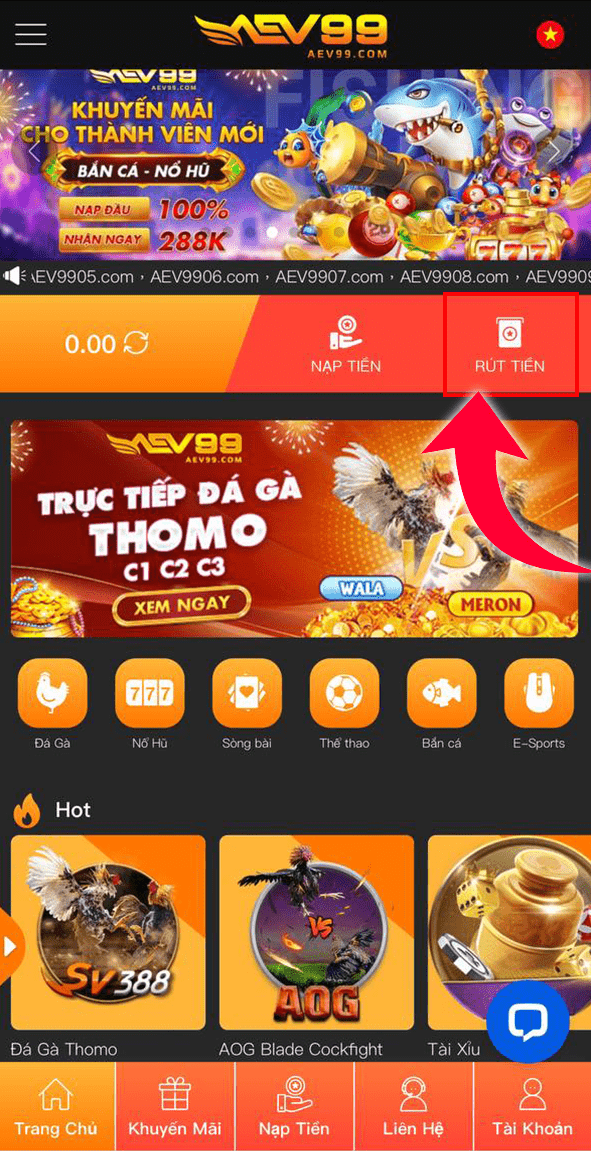 Bấm vào ô rút tiền Bấm vào ô rút tiền