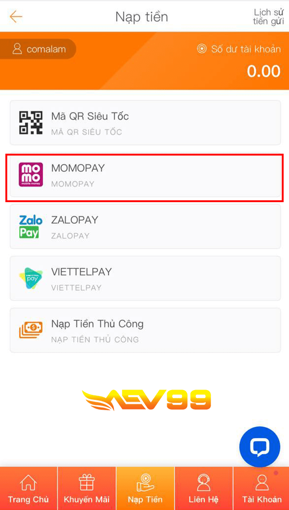 Chọn vào ô MOMOPAY Chọn vào ô MOMOPAY