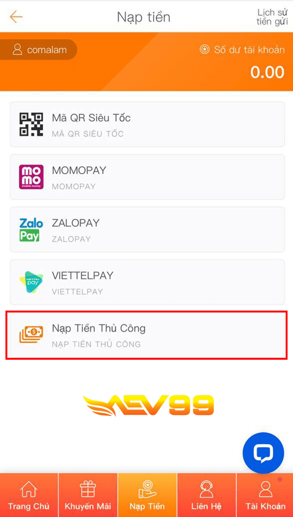 Chọn vào ô Nạp Tiền Thủ Công Chọn vào ô Nạp Tiền Thủ Công