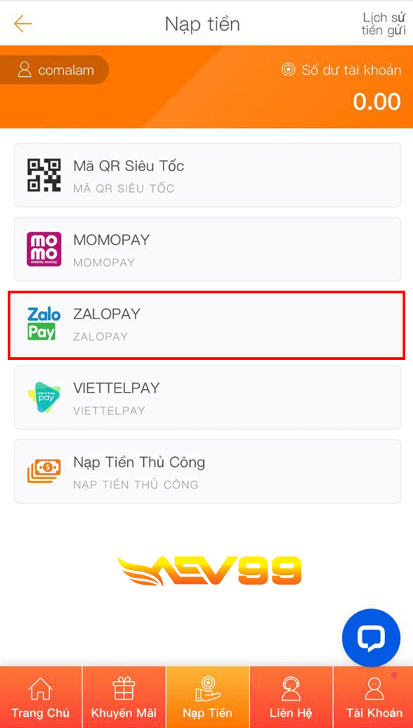 Chọn vào ô ZALOPAY Chọn vào ô ZALOPAY